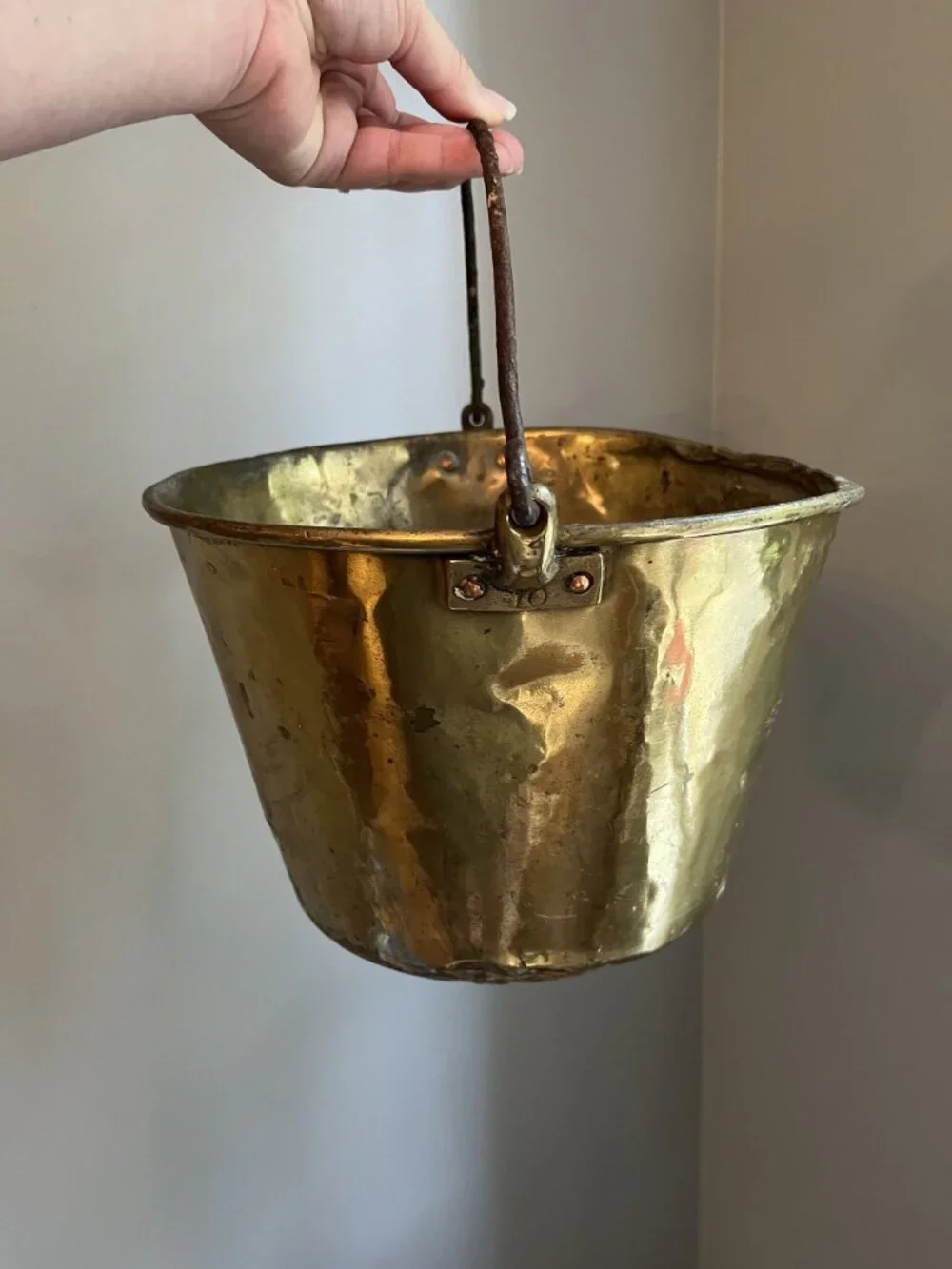 Antique Hammered Brass Bucket With Iron Handle Floral Interior Accent
